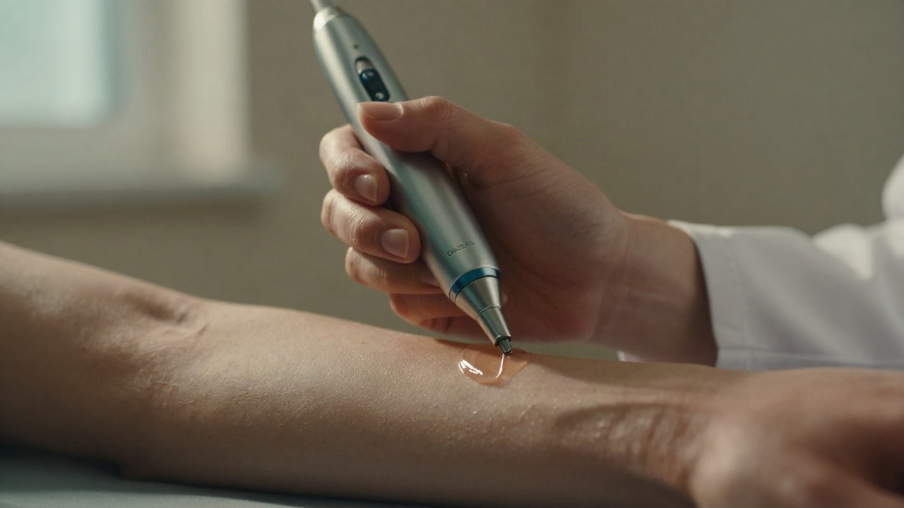 Крупный план: руки врача держат аппарат GLOW Pen над предплечьем пациента с проводящим гелем